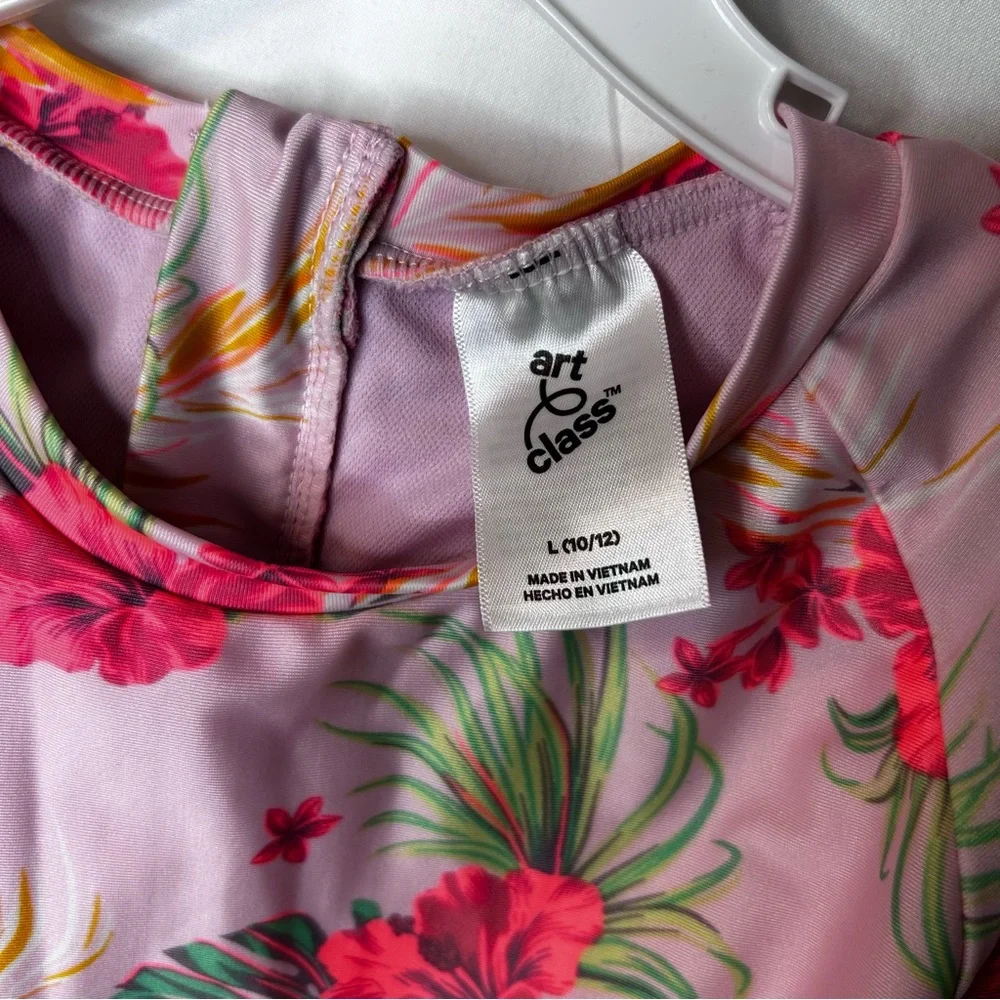 Art Class Pink Floral Girl’s Onepiece Swimsuit Rashguard Long Sleeve Size 10-12